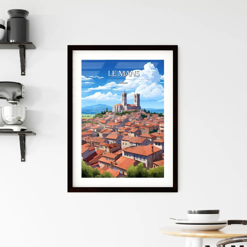 Le Mans, France - Art print of a city with red roofs and a church on top Custom Print