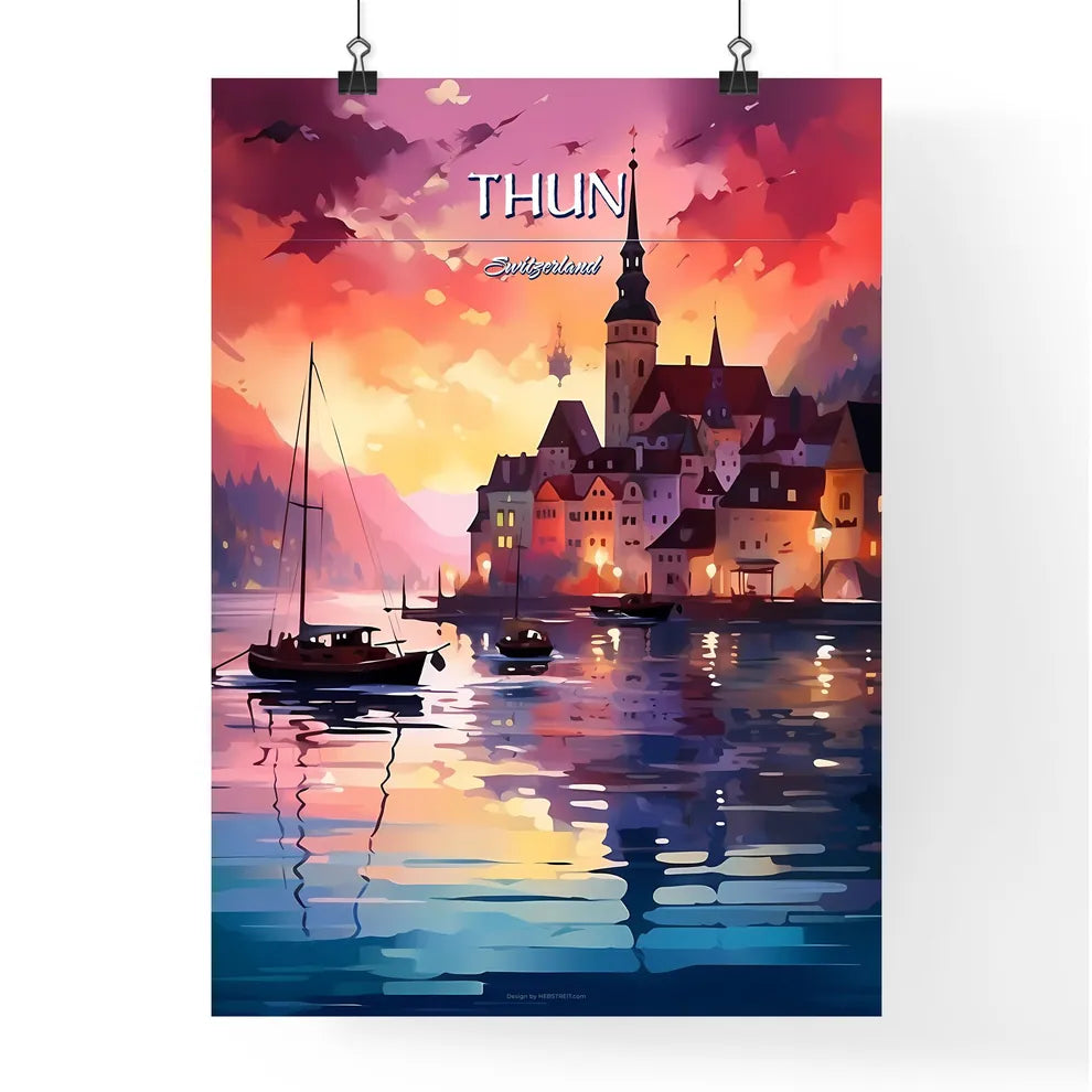 Thun, Switzerland - Art print of a painting of a town on a lake Poster