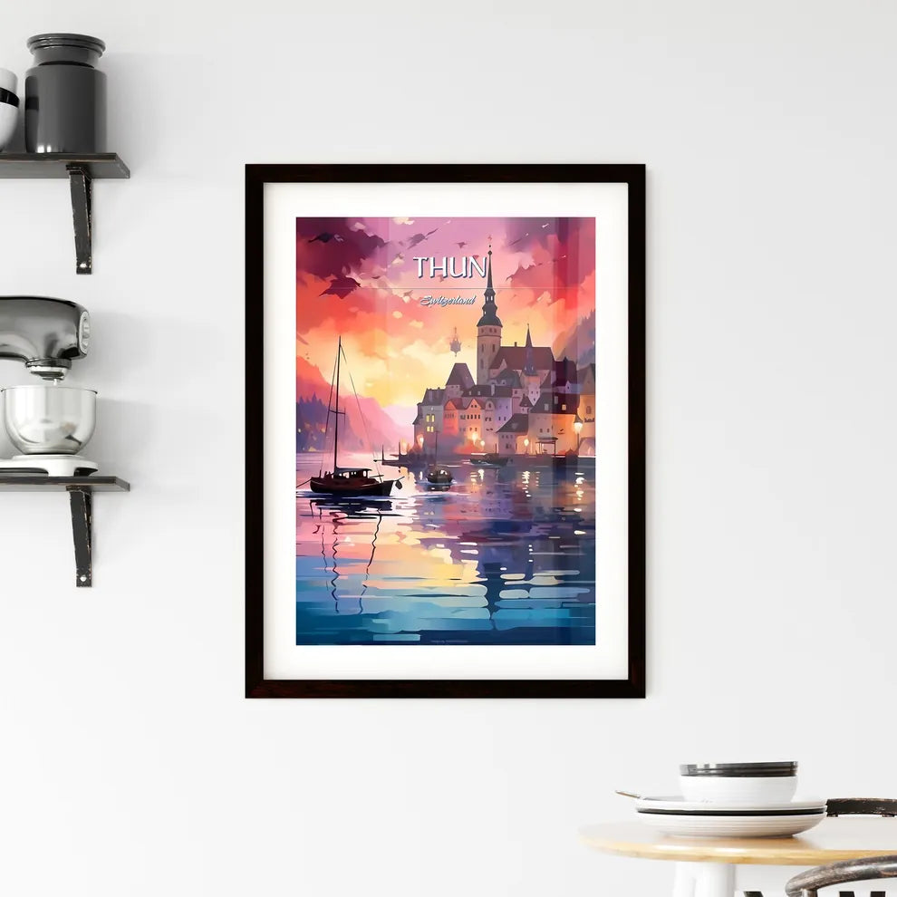 Thun, Switzerland - Art print of a painting of a town on a lake Custom Print