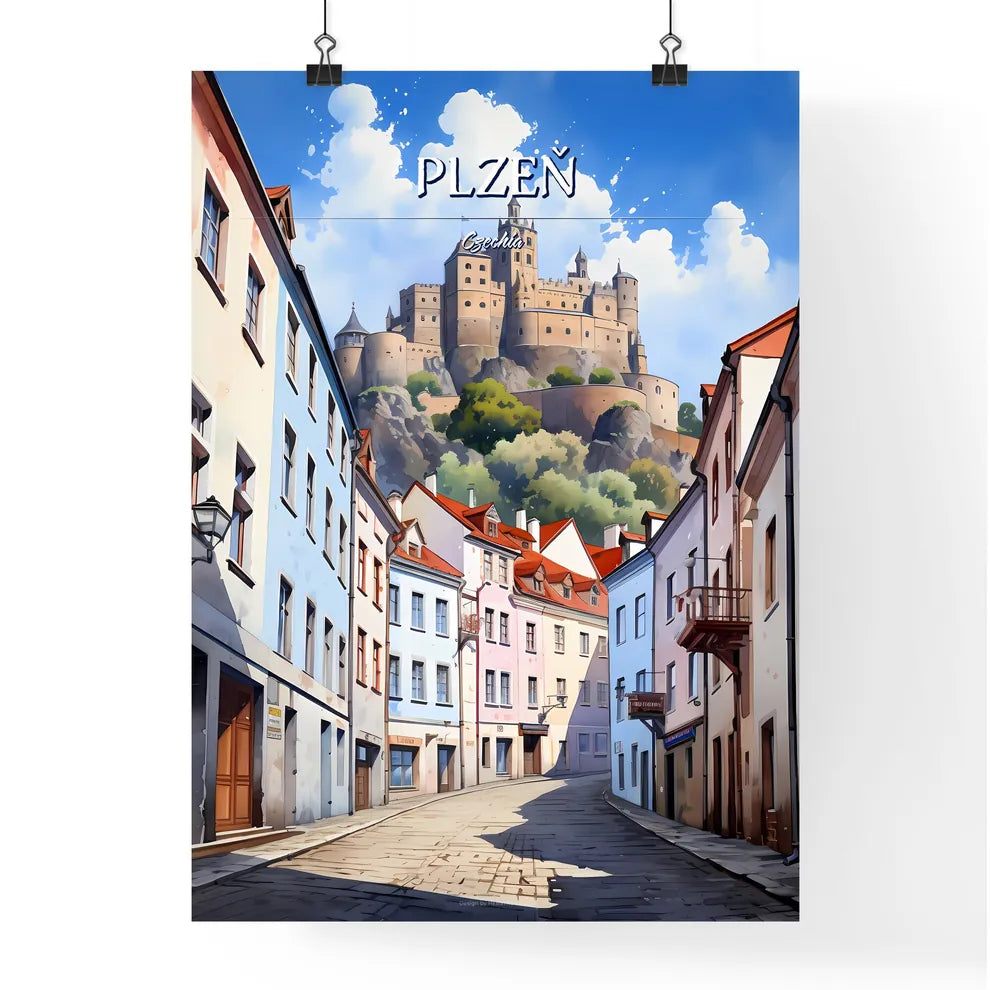 Plzeň, Czechia - Art print of a street with buildings and a castle in the background Poster
