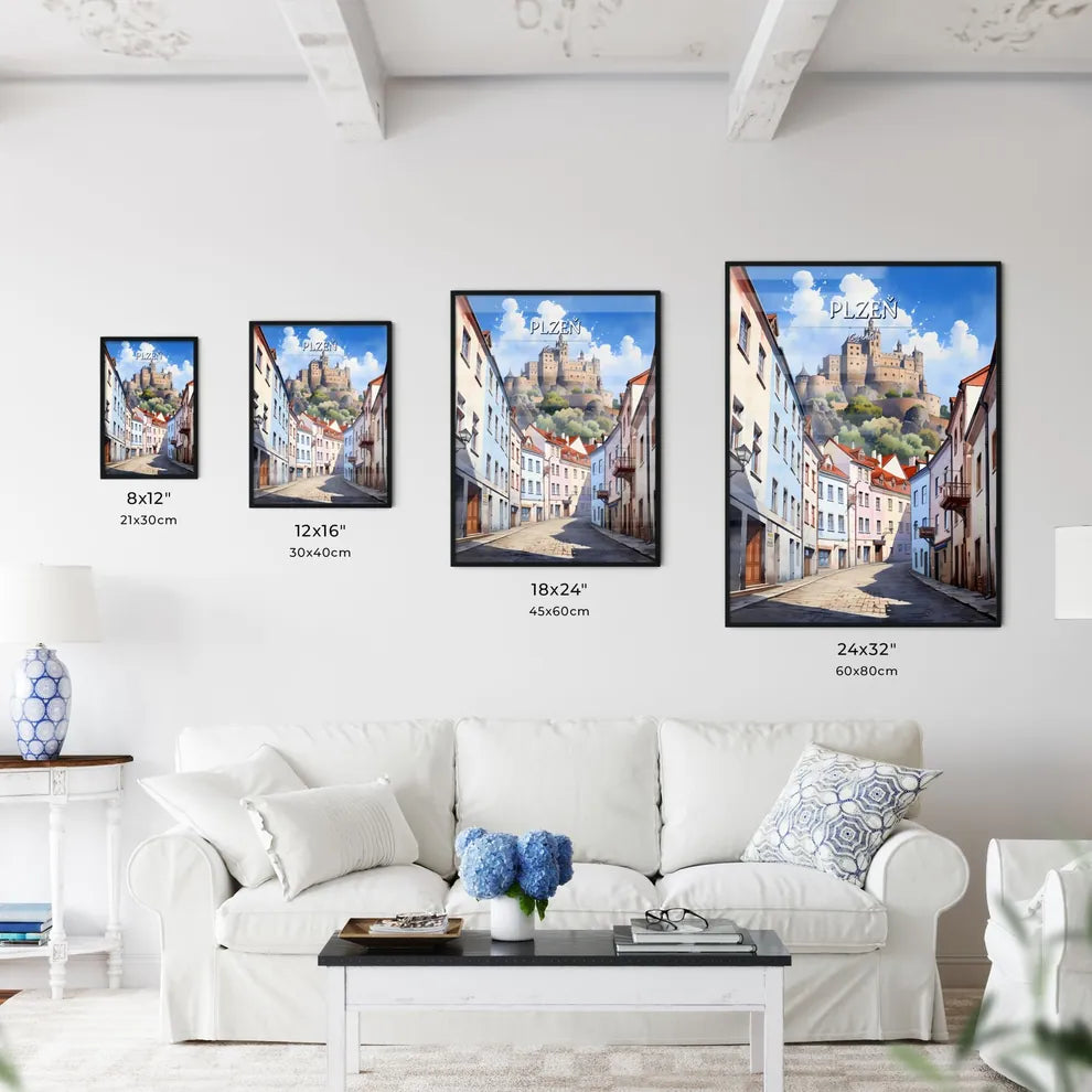 Plzeň, Czechia - Art print of a street with buildings and a castle in the background Size Chart