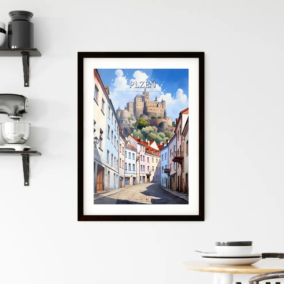 Plzeň, Czechia - Art print of a street with buildings and a castle in the background Custom Print
