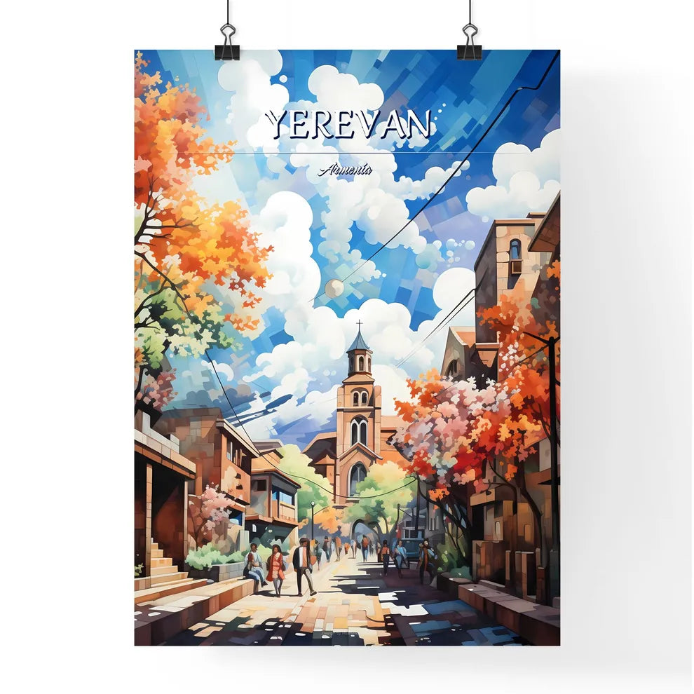 Yerevan, Armenia - Art print of a street with trees and people walking on it Poster