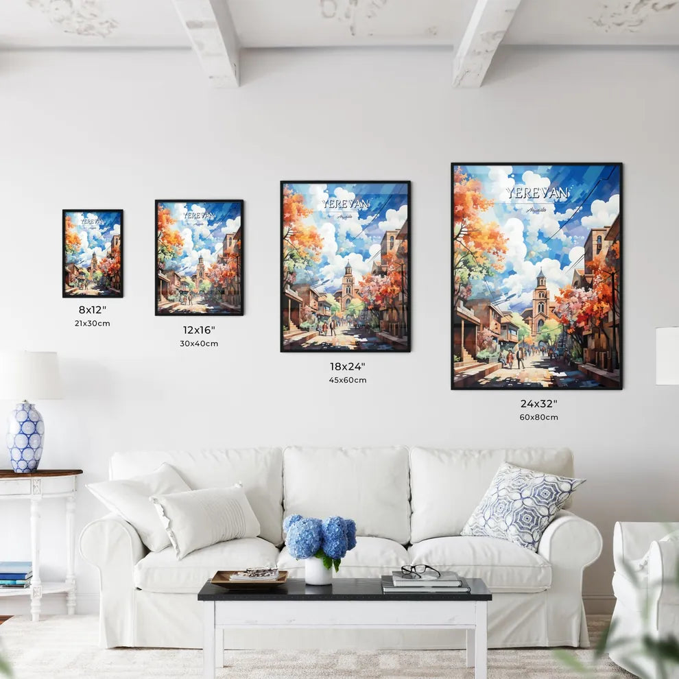 Yerevan, Armenia - Art print of a street with trees and people walking on it Size Chart