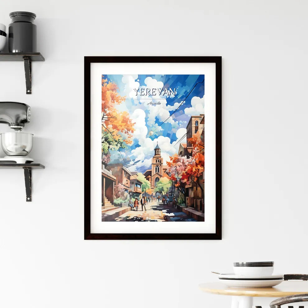Yerevan, Armenia - Art print of a street with trees and people walking on it Custom Print