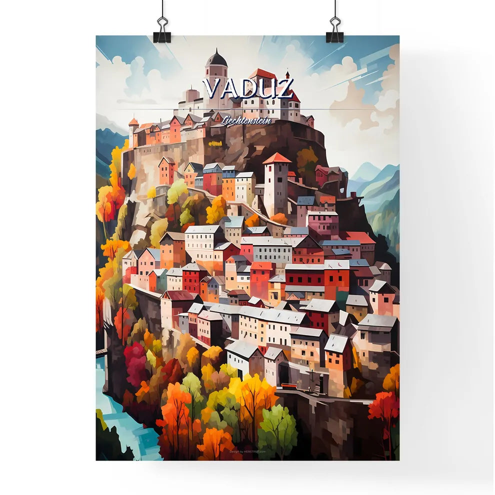 Vaduz, Liechtenstein - Art print of a painting of a town on a mountain Poster