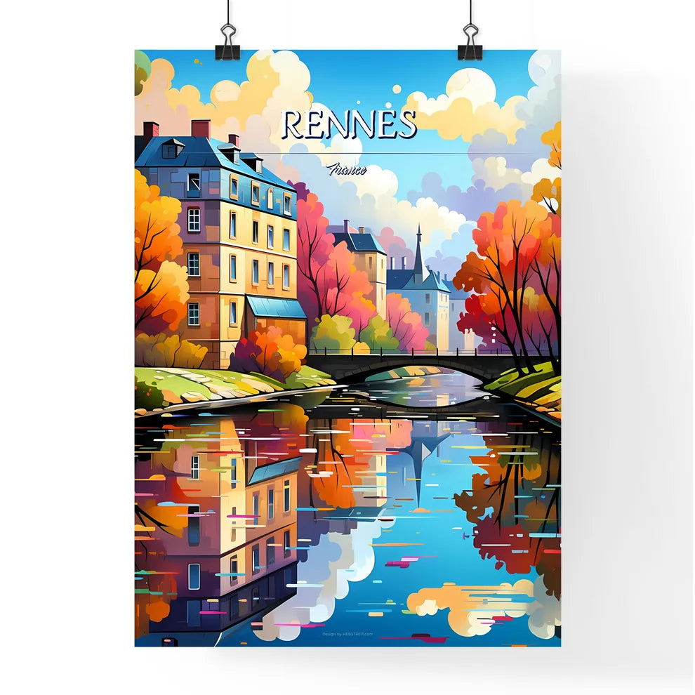 Rennes, France - Art print of a water body with a bridge and trees and buildings Poster
