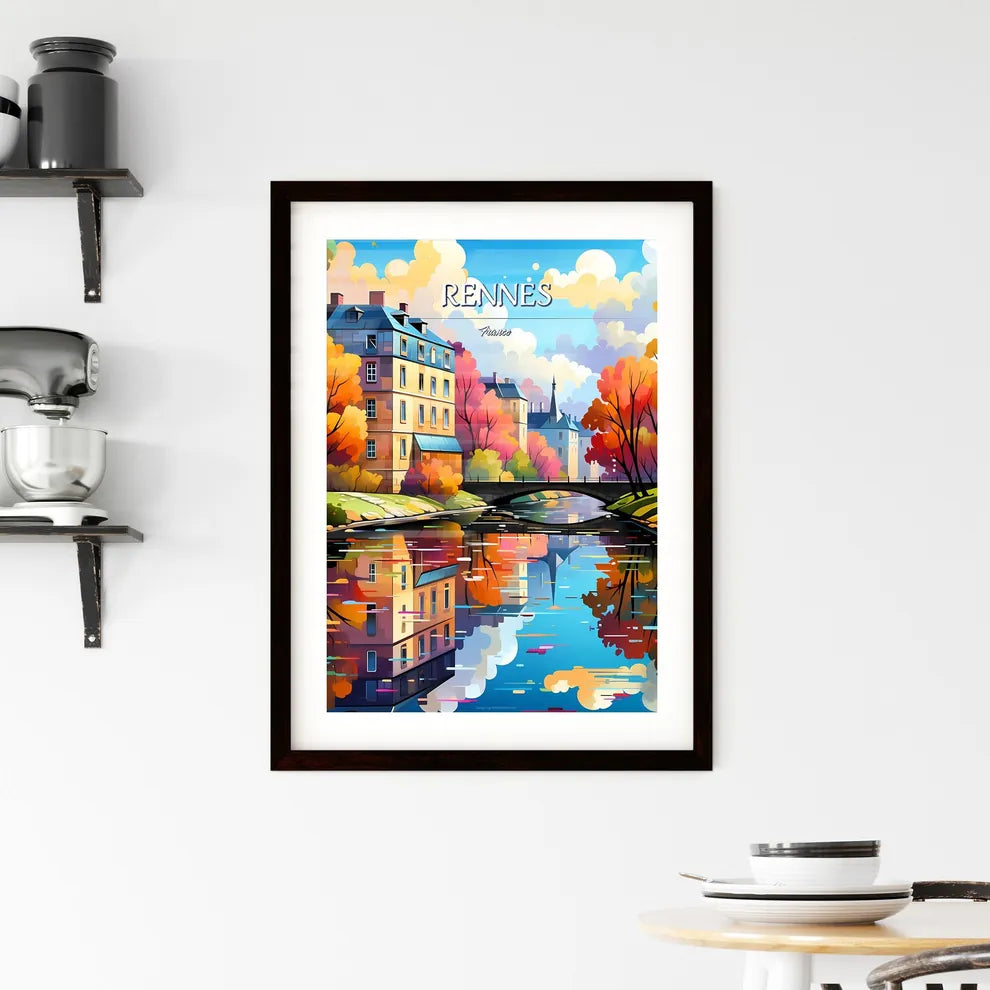 Rennes, France - Art print of a water body with a bridge and trees and buildings Custom Print