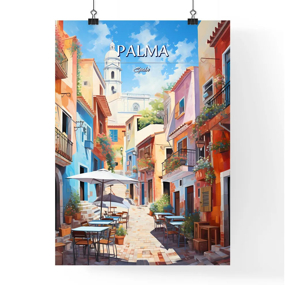 Palma, Spain - Art print of a colorful alley with tables and chairs Poster