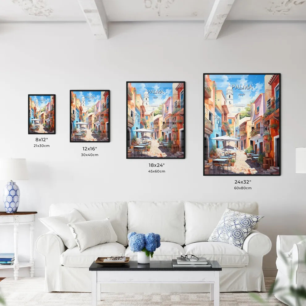Palma, Spain - Art print of a colorful alley with tables and chairs Size Chart