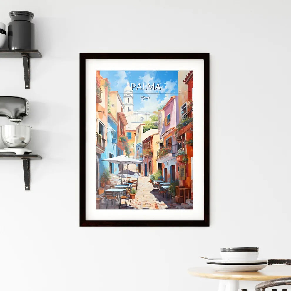 Palma, Spain - Art print of a colorful alley with tables and chairs Custom Print