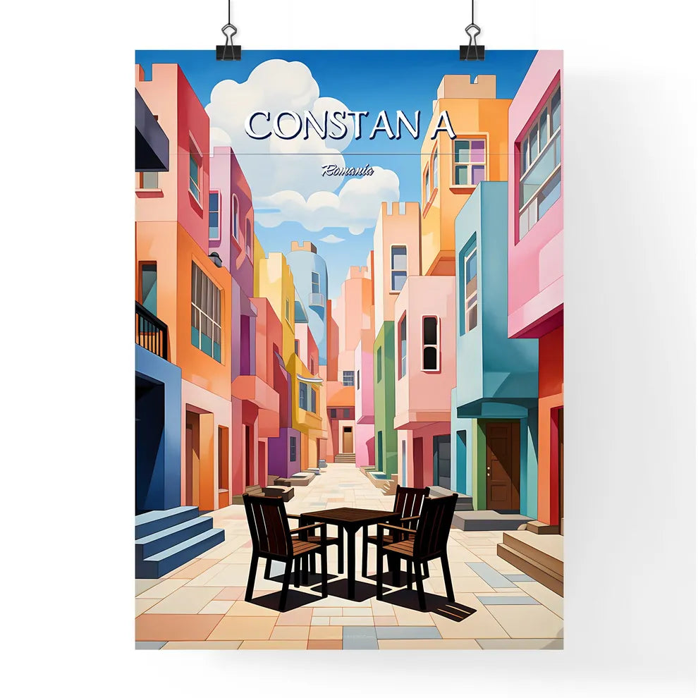 Constanța, Romania - Art print of a colorful buildings with chairs and tables with Willemstad in the background Poster