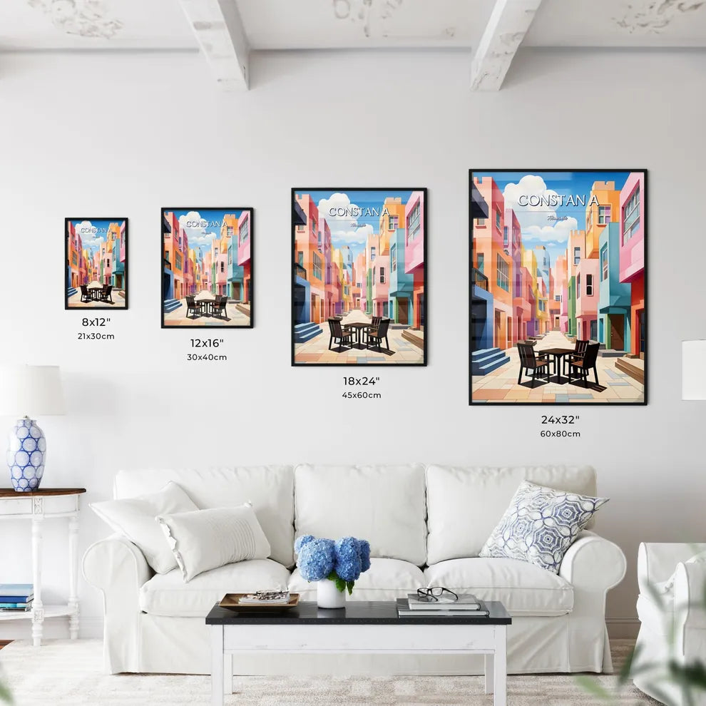 Constanța, Romania - Art print of a colorful buildings with chairs and tables with Willemstad in the background Size Chart