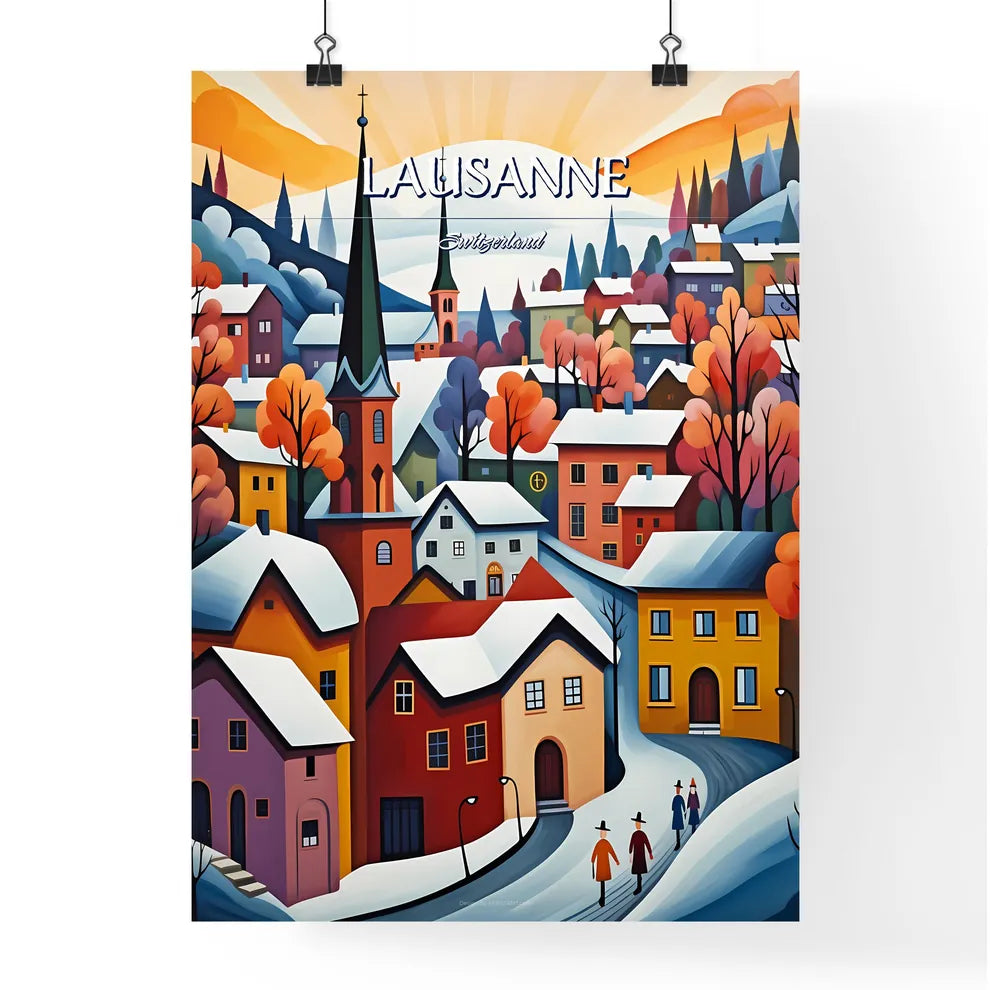 Lausanne, Switzerland - Art print of a painting of a town with snow on the ground Poster