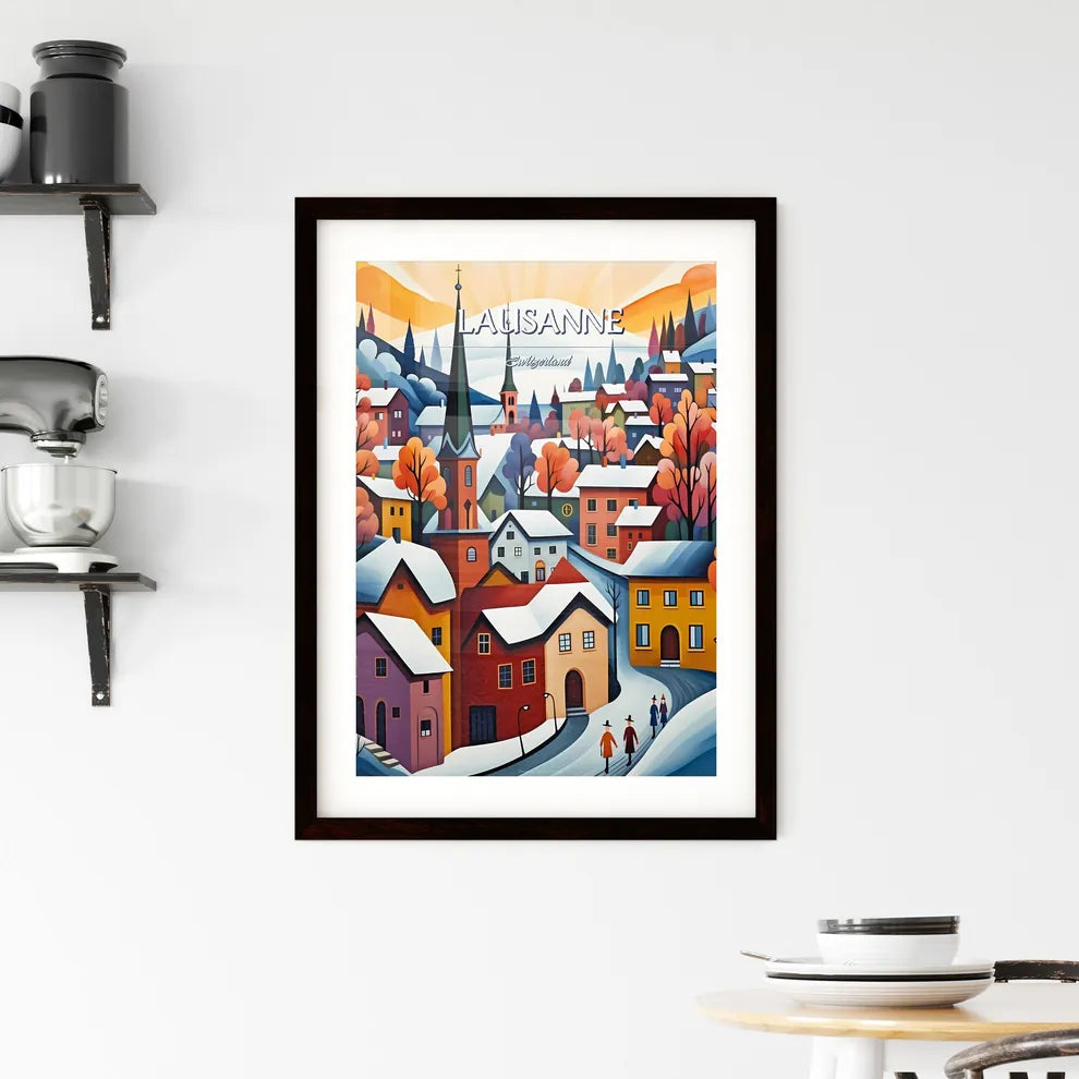 Lausanne, Switzerland - Art print of a painting of a town with snow on the ground Custom Print