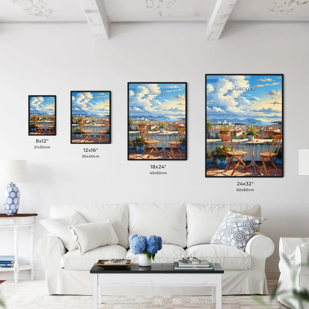On the roofs of Cannes, France - Art print of a table and chairs on a balcony overlooking a city Size Chart