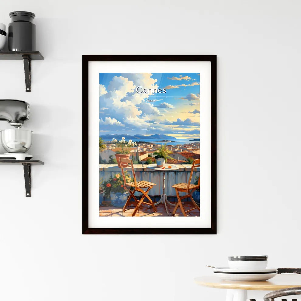 On the roofs of Cannes, France - Art print of a table and chairs on a balcony overlooking a city Custom Print