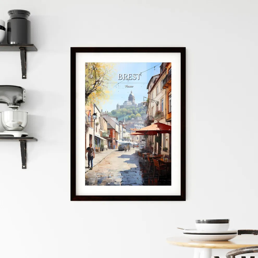 Brest, France - Art print of a street with tables and chairs and a building in the background Custom Print