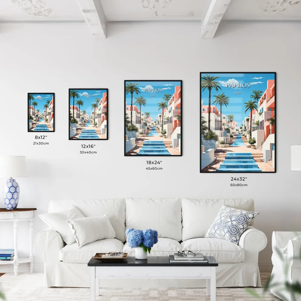 Paphos, Cyprus - Art print of a water way between buildings Size Chart