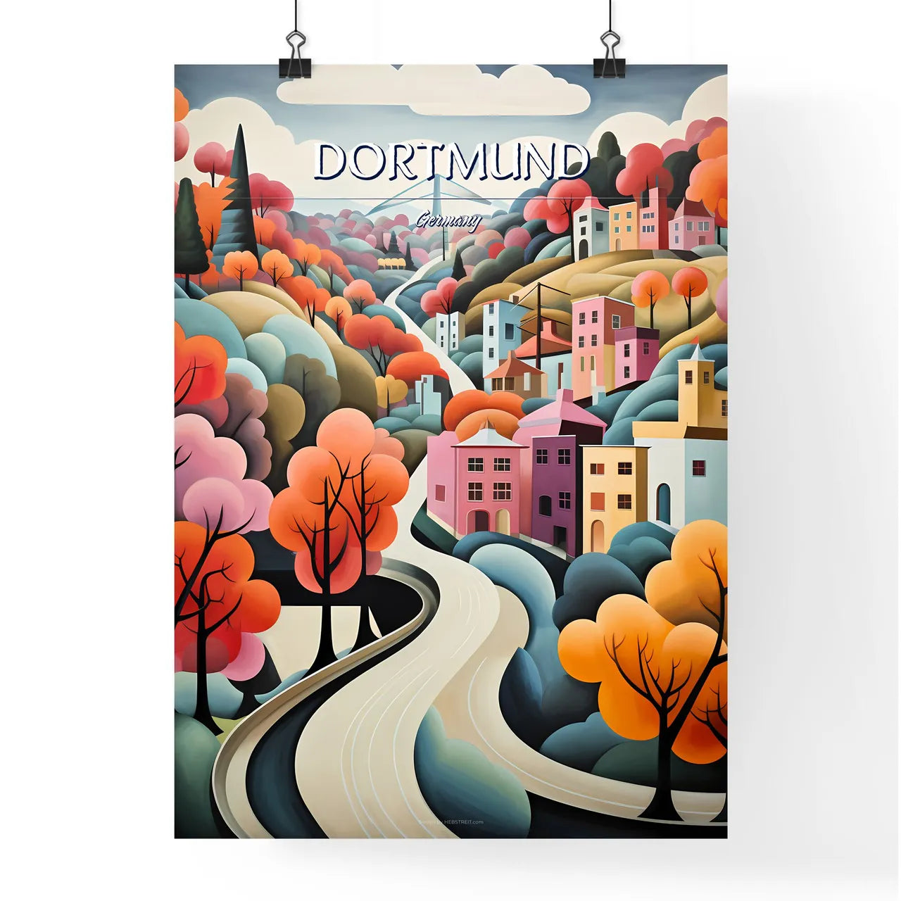 Dortmund, Germany - Art print of a painting of a town with trees and a road Poster