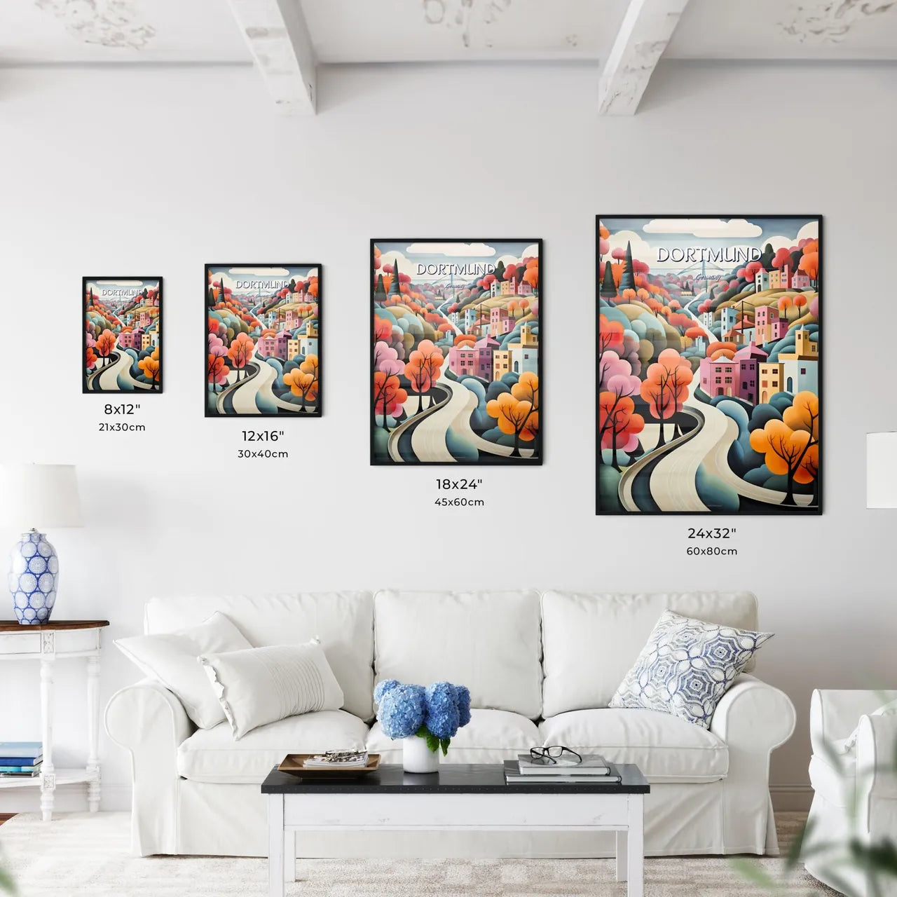 Dortmund, Germany - Art print of a painting of a town with trees and a road Size Chart