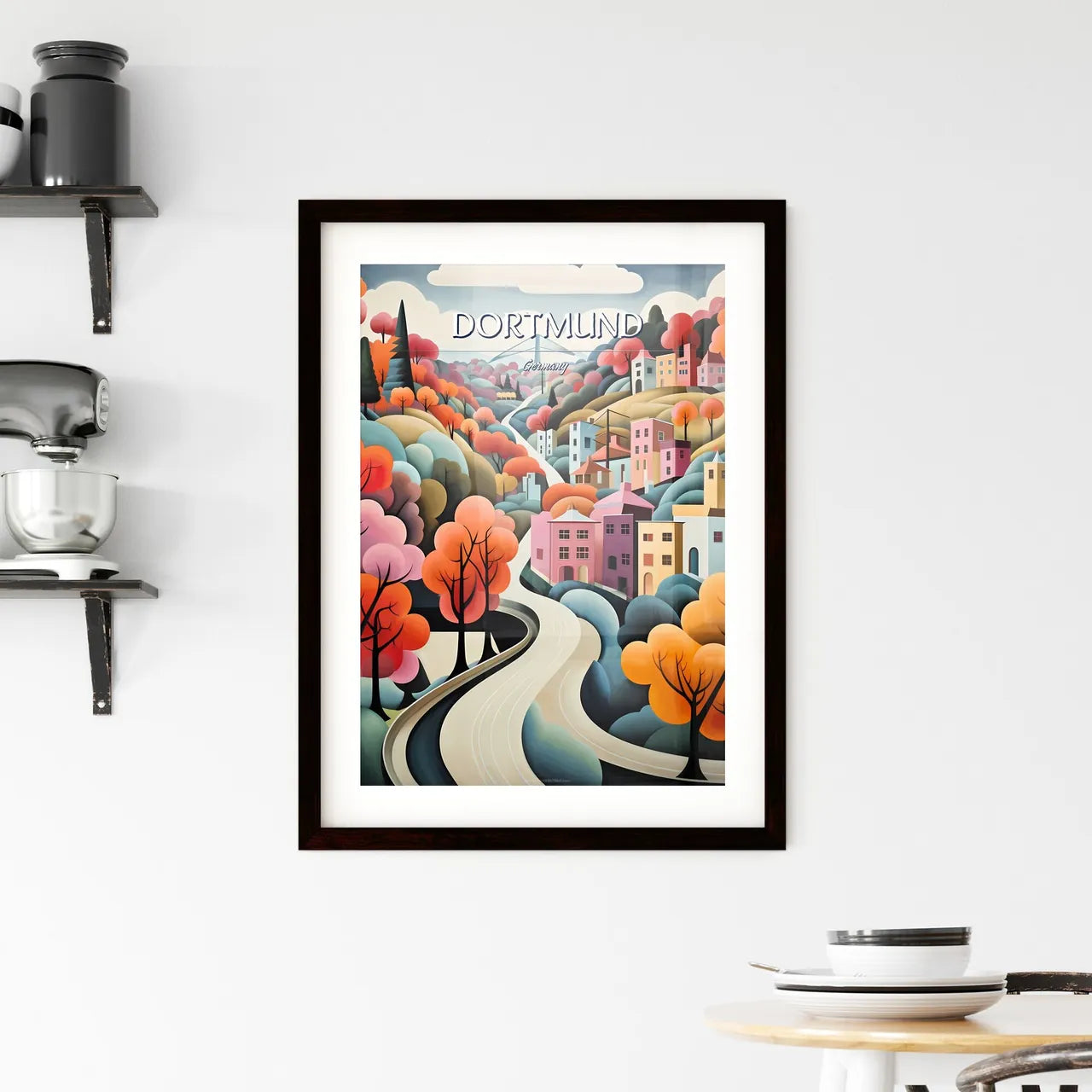Dortmund, Germany - Art print of a painting of a town with trees and a road Custom Print