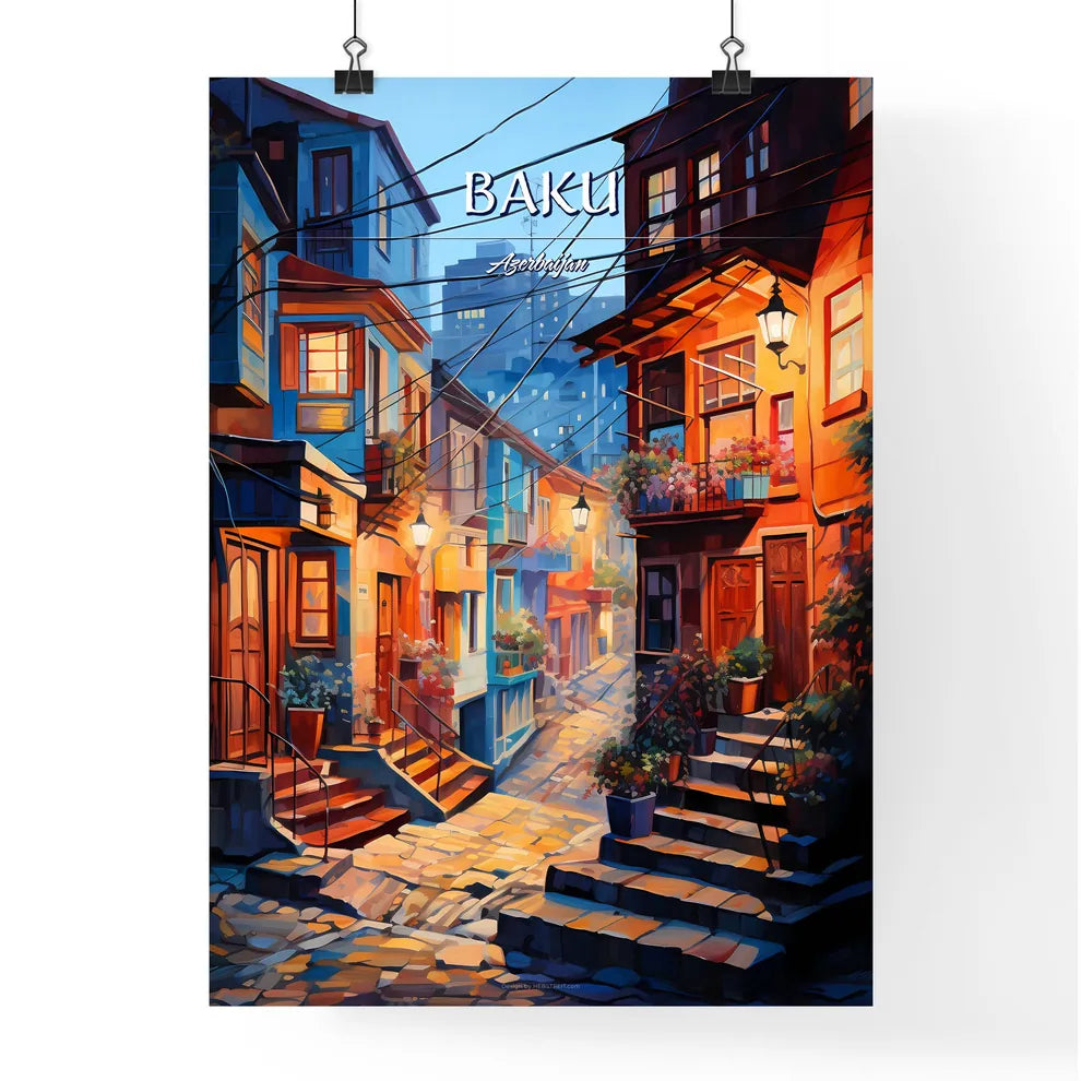 Baku, Azerbaijan - Art print of a street with stairs and stairs leading to a building Poster