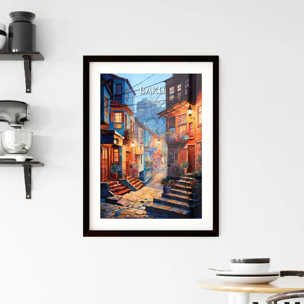 Baku, Azerbaijan - Art print of a street with stairs and stairs leading to a building Custom Print