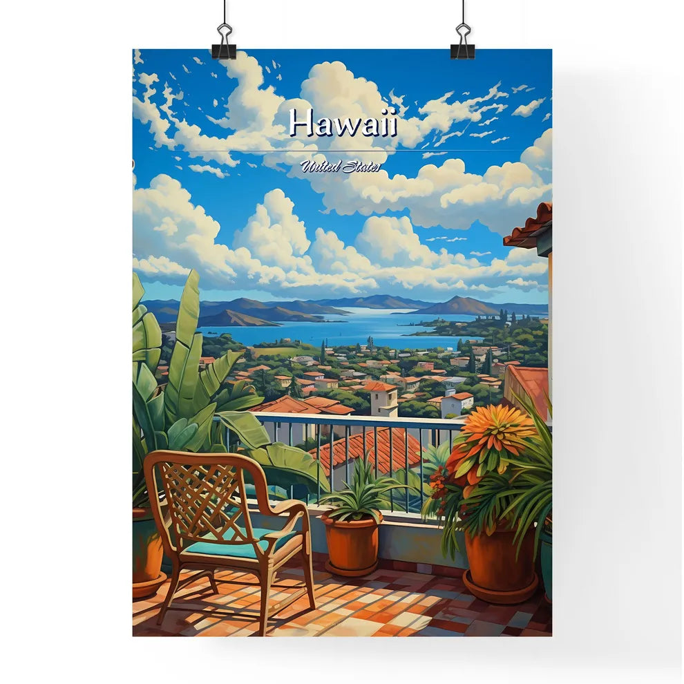 On the roofs of Hawaii, United States - Art print of a balcony with a view of a city and water Poster