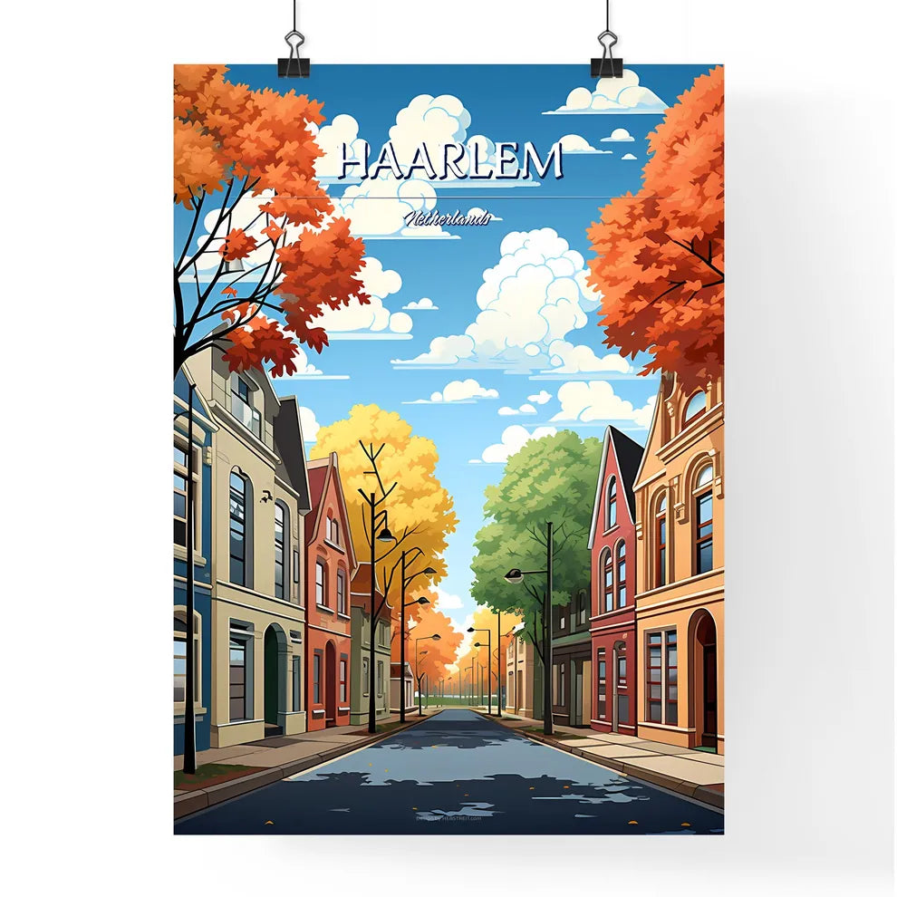 Haarlem, Netherlands - Art print of a street with colorful buildings and trees Poster
