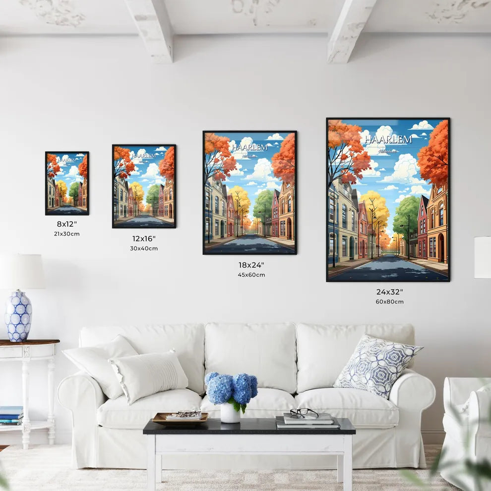 Haarlem, Netherlands - Art print of a street with colorful buildings and trees Size Chart
