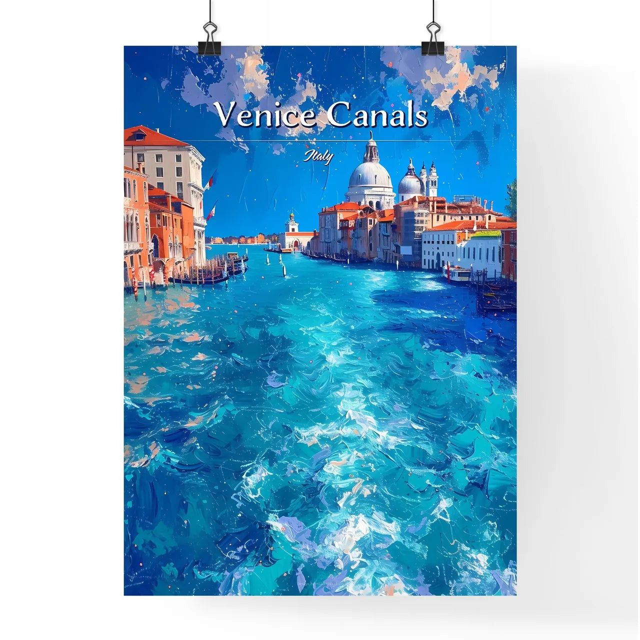Venice Canals, Italy - Art print of a water way with buildings and a dome Poster