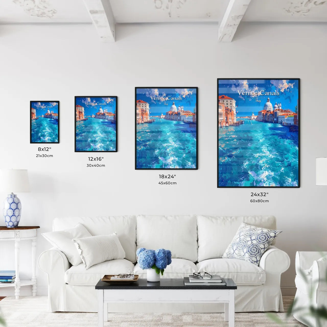 Venice Canals, Italy - Art print of a water way with buildings and a dome Size Chart