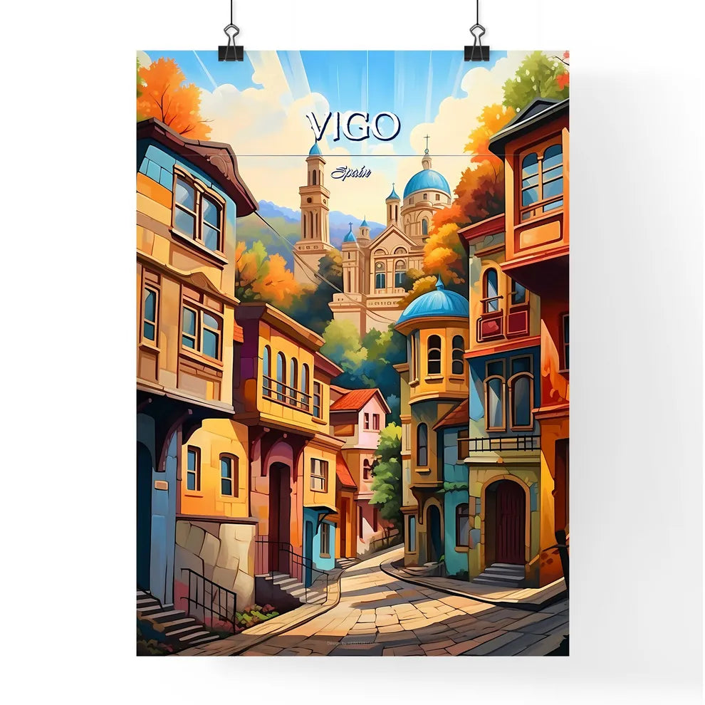 Vigo, Spain - Art print of a colorful city with a steeple and a church Poster