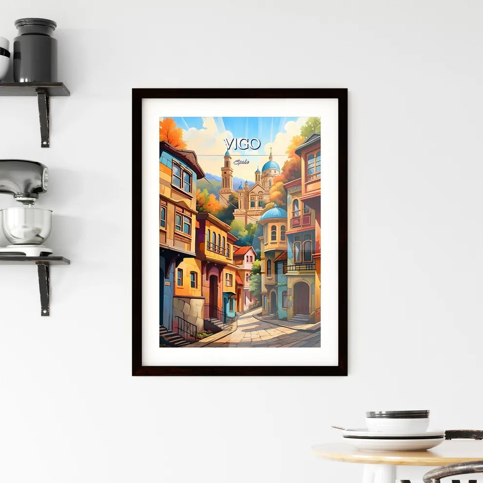 Vigo, Spain - Art print of a colorful city with a steeple and a church Custom Print