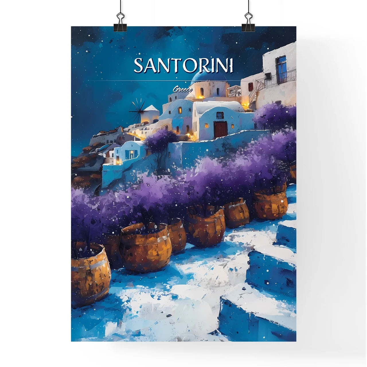 Santorini, Greece - Art print of a painting of a village with purple flowers Poster