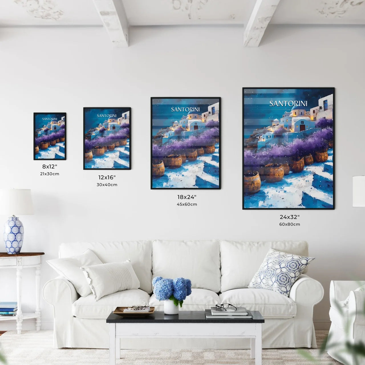 Santorini, Greece - Art print of a painting of a village with purple flowers Size Chart