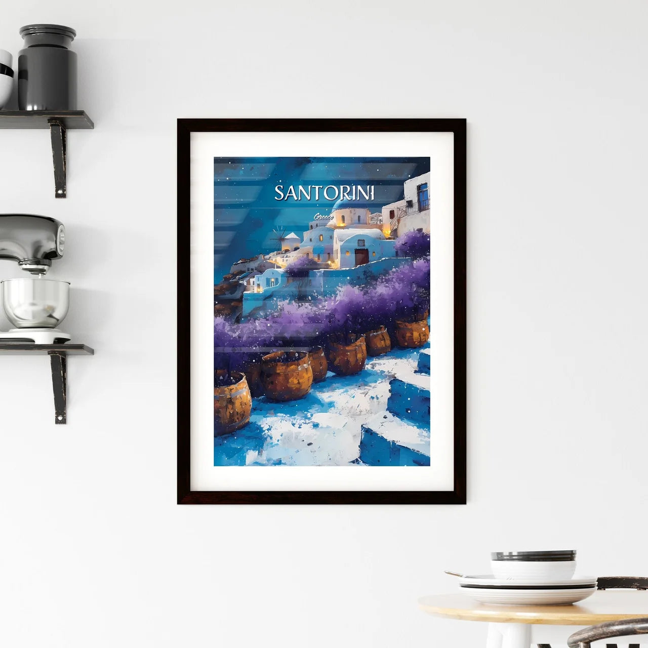 Santorini, Greece - Art print of a painting of a village with purple flowers Custom Print