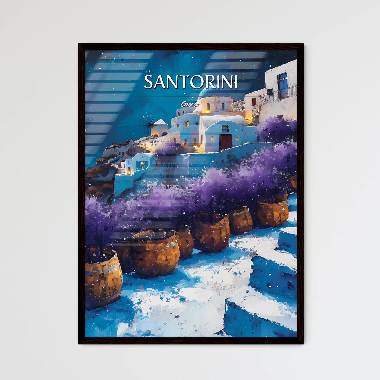 Santorini, Greece - Art print of a painting of a village with purple flowers Framed Art