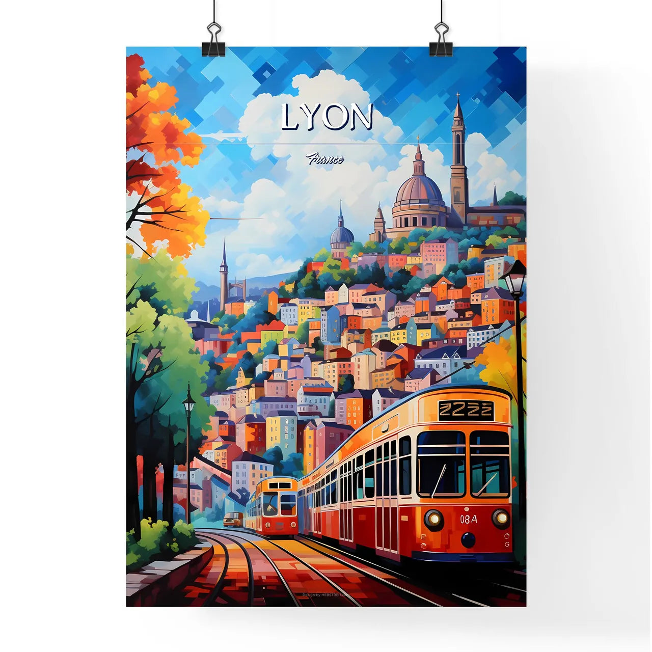 Lyon, France - Art print of a train going down a hill Poster