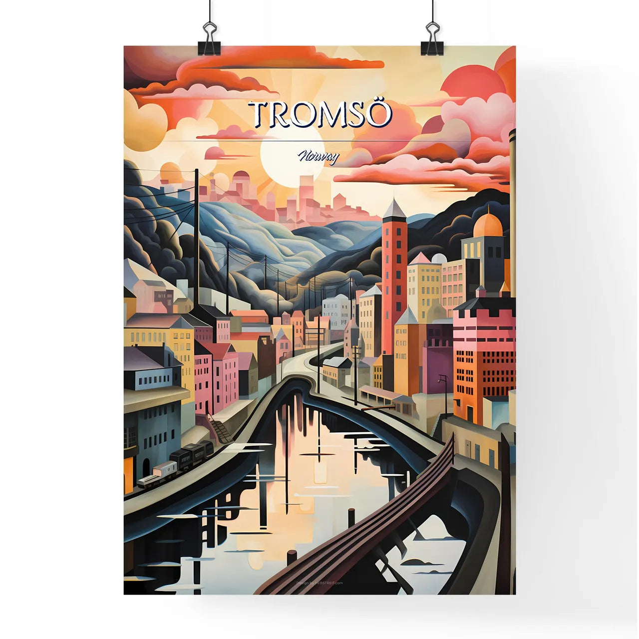 Tromsö, Norway - Art print of a painting of a city with a river and mountains Poster