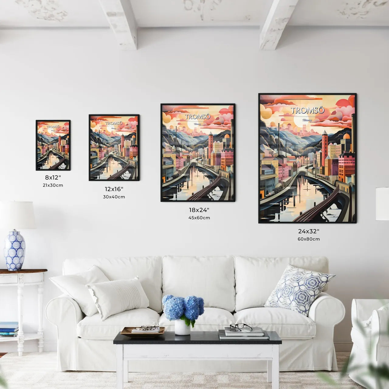 Tromsö, Norway - Art print of a painting of a city with a river and mountains Size Chart