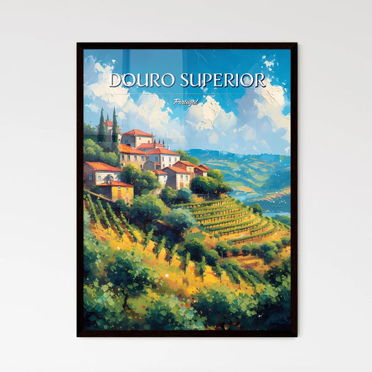 Douro Superior, Portugal - Art print of a painting of a village on a hill with trees and a lake Framed Art