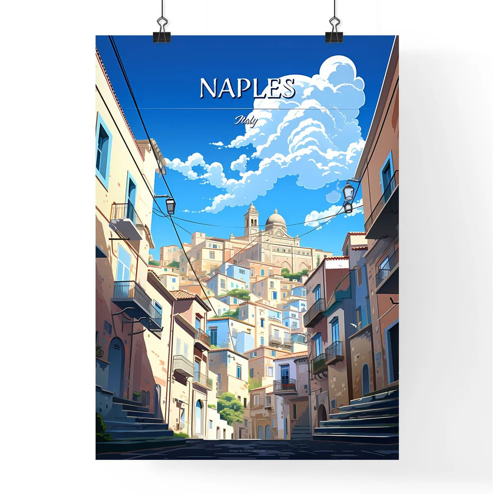 Naples, Italy - Art print of a street with buildings and a church in the background Poster