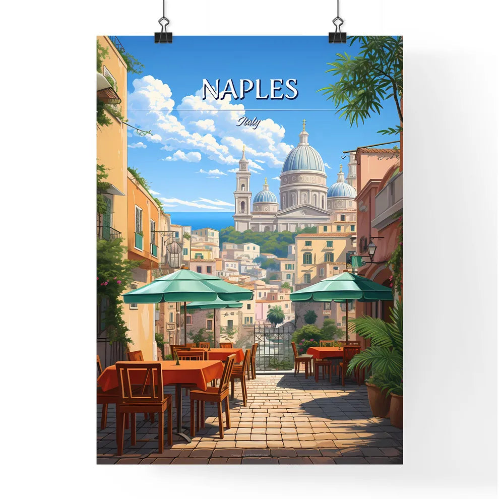 Naples, Italy - Art print of a street with tables and umbrellas in front of a building Poster