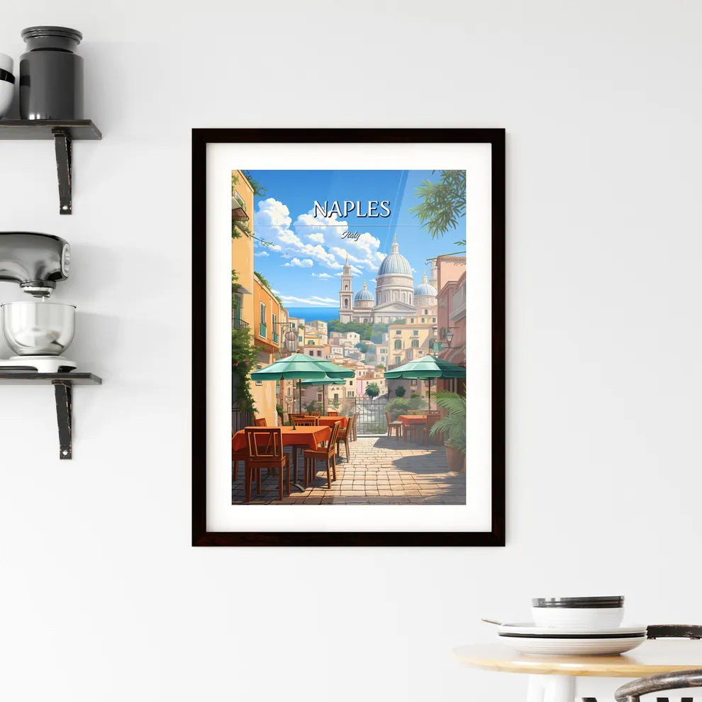 Naples, Italy - Art print of a street with tables and umbrellas in front of a building Custom Print
