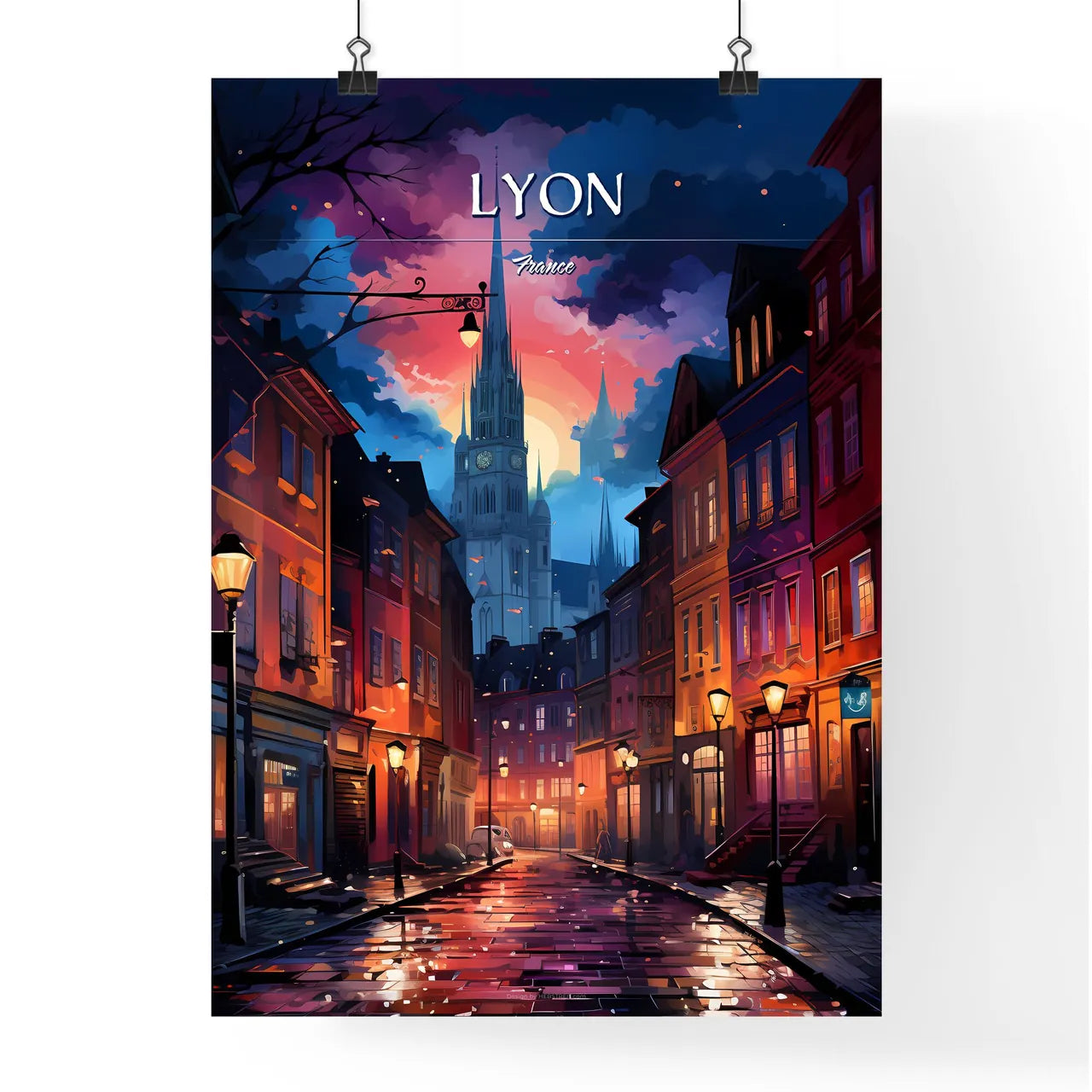 Lyon, France - Art print of a street with buildings and a church in the background Poster