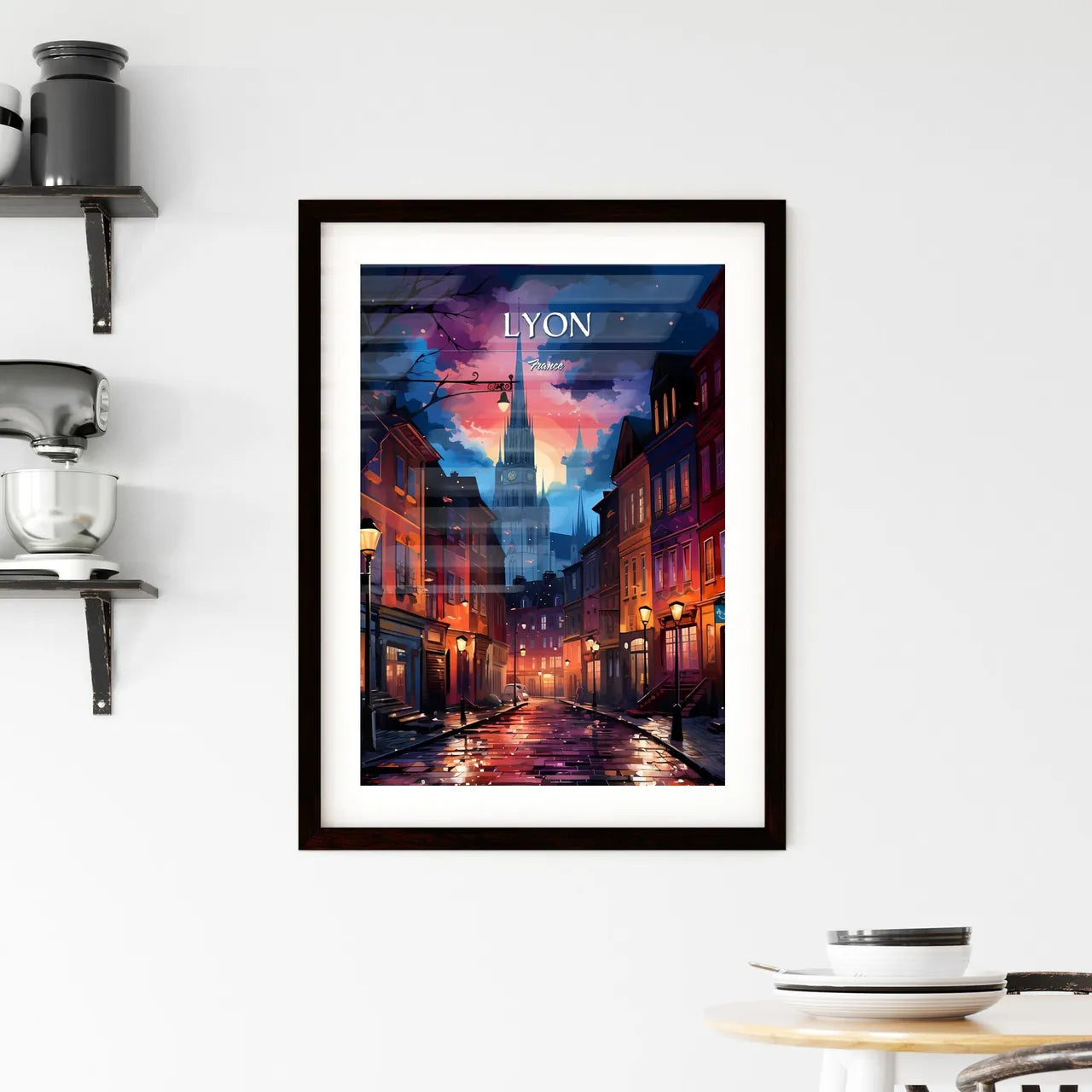 Lyon, France - Art print of a street with buildings and a church in the background Custom Print