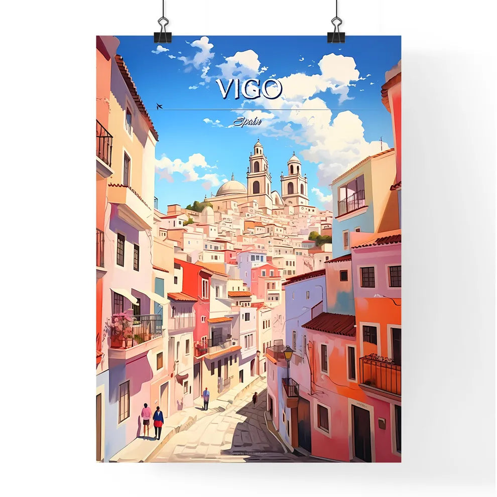 Vigo, Spain - Art print of a colorful city with buildings and a blue sky Poster