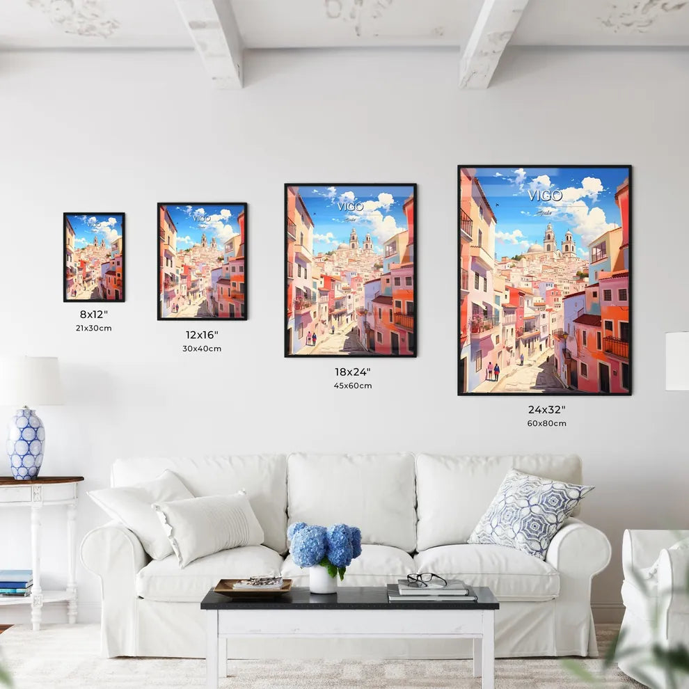 Vigo, Spain - Art print of a colorful city with buildings and a blue sky Size Chart